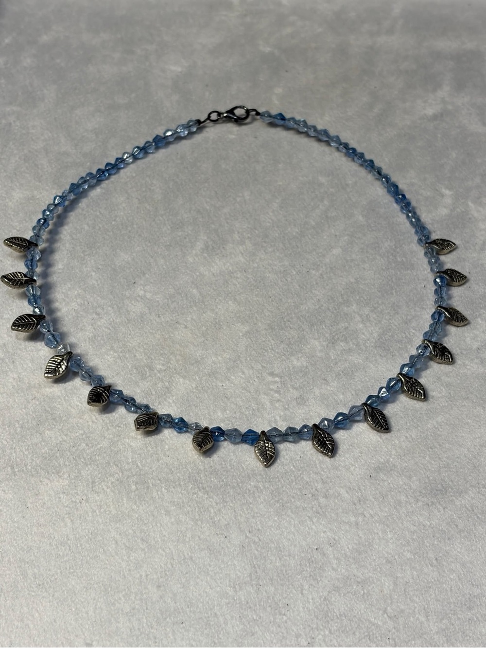 Blue Beaded Necklace with Silver Leaf Charms - Unbranded